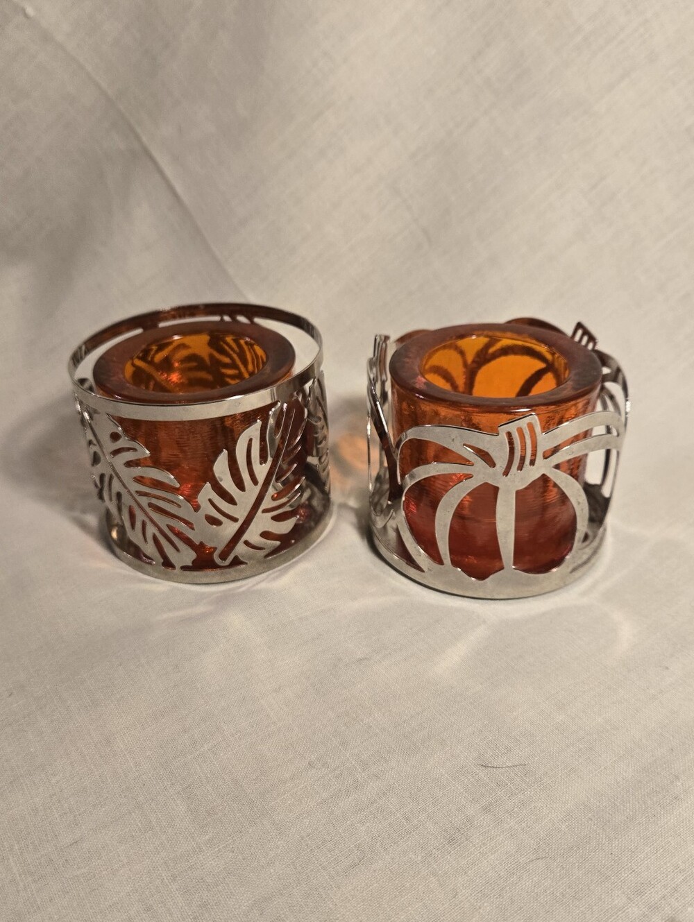 Pair Of Slatkin & Co. Metal Candle Sleeve And Two Chunky Glass Tealight Holders